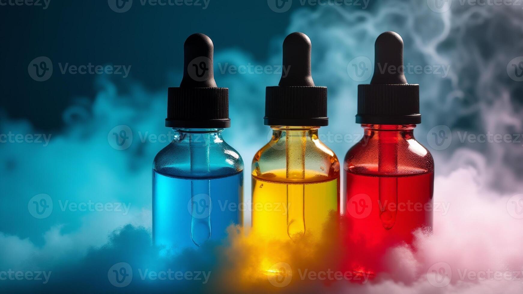Three Colorful Vape Juice Bottles- Smoke photo