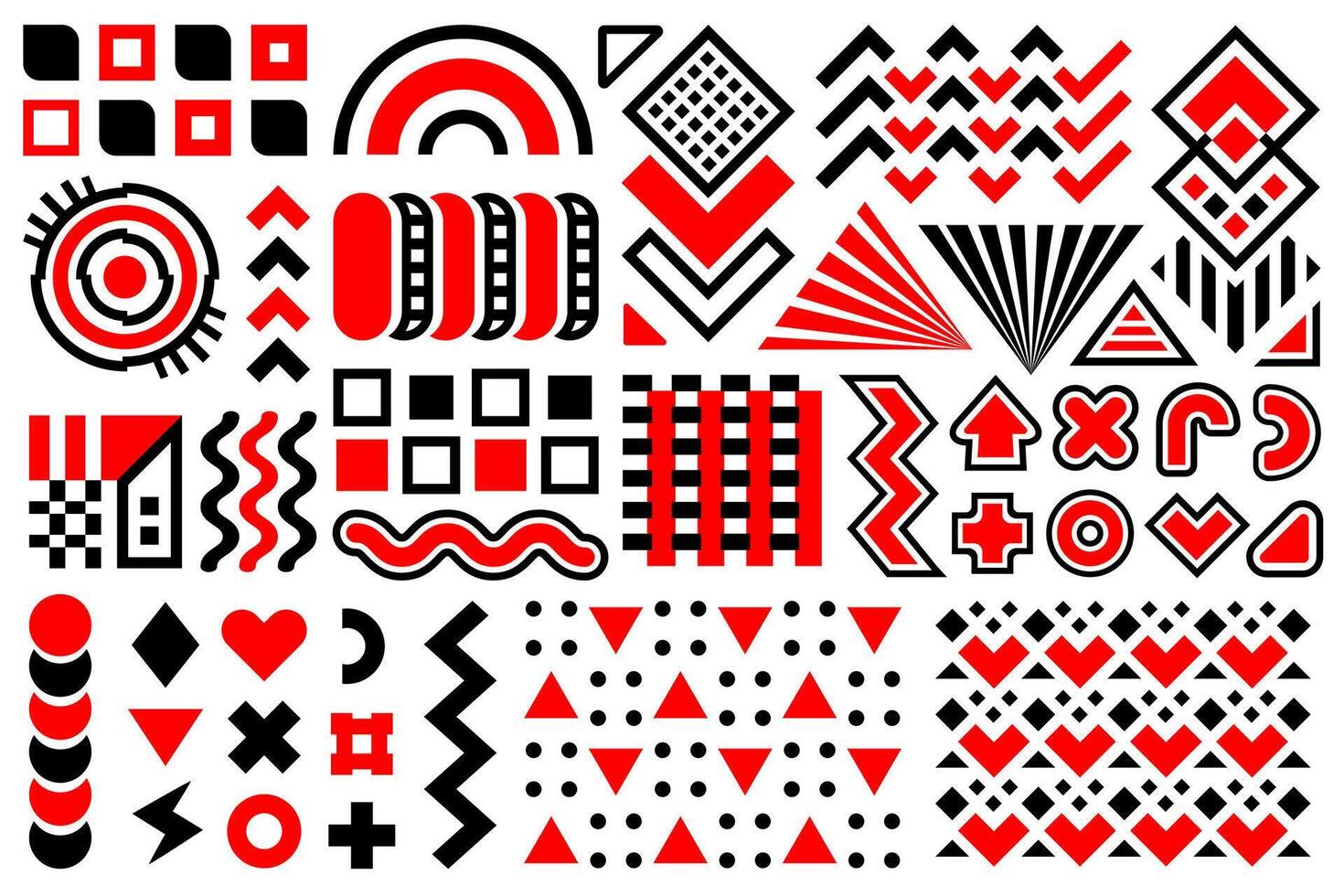 Black and red Memphis design elements, abstract shapes and patterns. Modern shapes, universal shapes and figures for any design project. vector