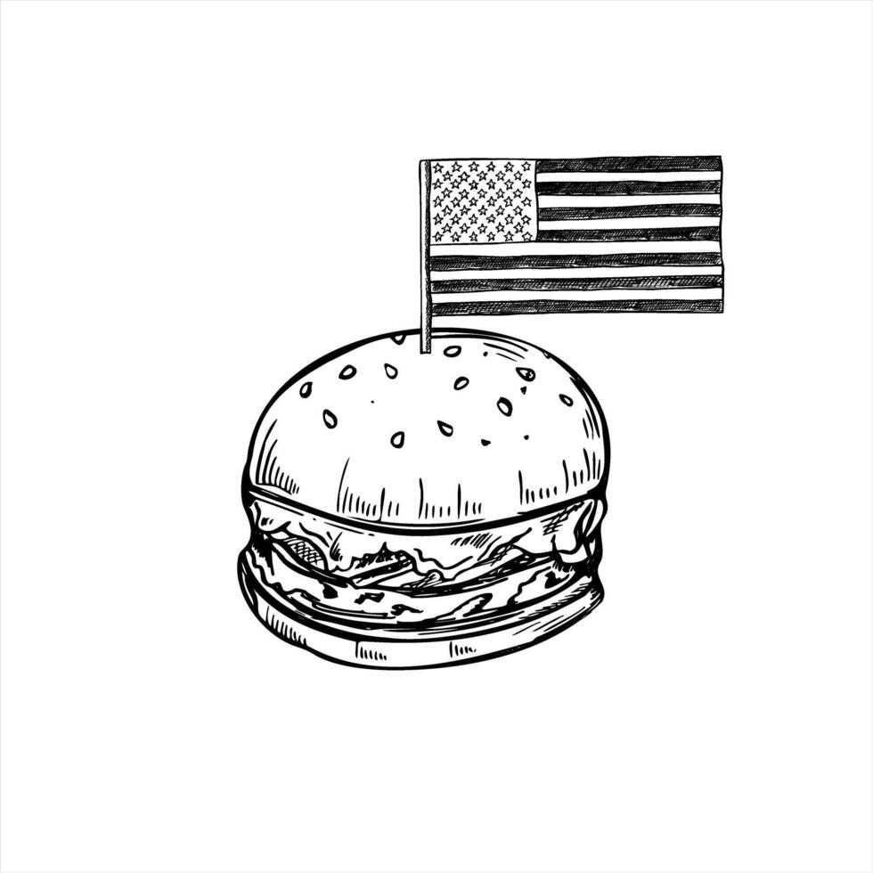Traditional burger with paper American flag on stick bold monochrome illustration painted by black inks. Beef sandwich for 4th of July promotions, fast food branding, and summer BBQ campaigns vector