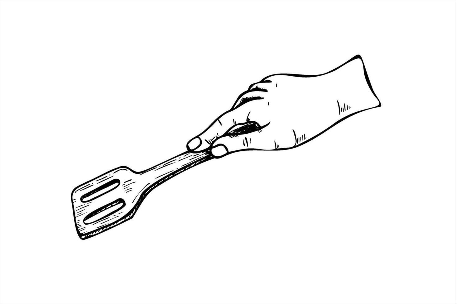 Monochrome human hand holding slotted wooden spatula illustration painted by black inks. Kitchen utensil etching drawing. Handcrafted cooking tool for cooking tutorials, recipe blogs vector