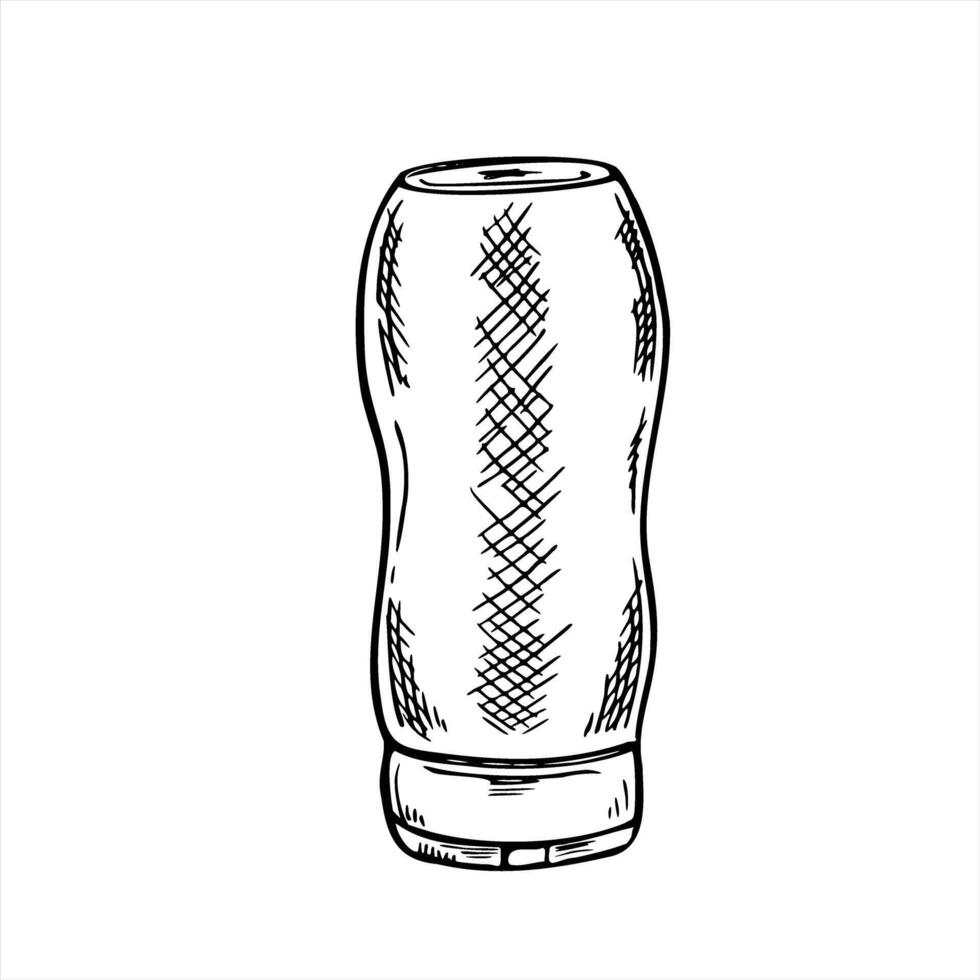 Plastic condiment container for ketchup, mustard, or other sauce minimalist black ink illustration. Hand drawing monochrome squeeze bottle for food packaging, fast food branding, menu vector