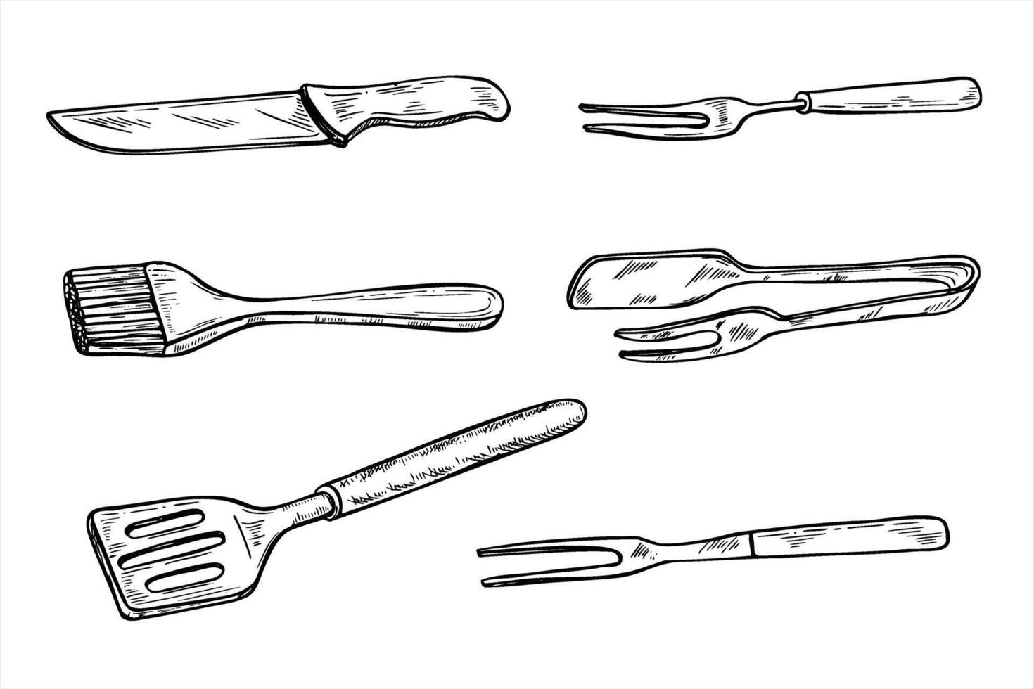 grilling tools set black and white ink drawing. Knife, spatula, meat tongs, basting brush, and fork clip art graphic sketch illustration. Barbecue accessories for BBQ packaging, cooking blogs vector