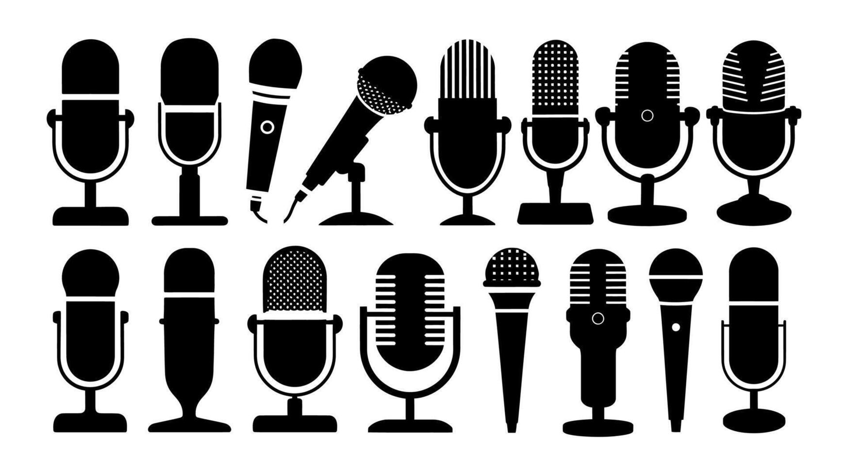 Collection of Microphone Icons, Black and White Designs for Audio, Podcast, and Recording vector