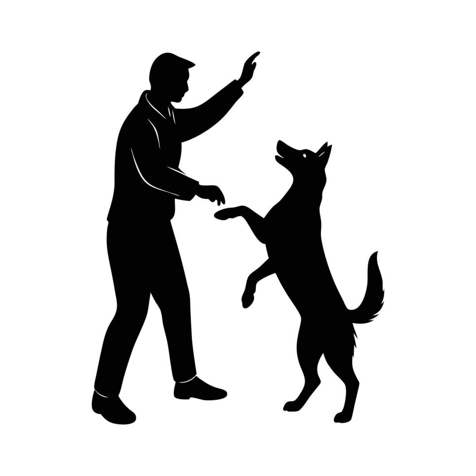 Black Silhouette of a Man and Dog Engaged in a Happy Interaction, Dog Standing on Its Hind Legs, Perfect for Pet Training, Animal Friendship, and Canine Bonding Concepts vector