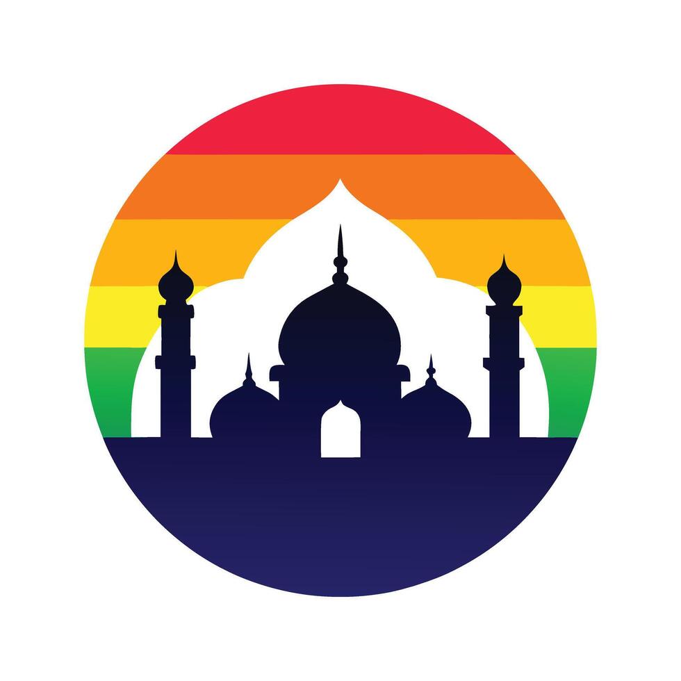 Taj Mahal Silhouette A minimalist silhouette of the iconic Taj Mahal monument set against a vibrant, rainbow-striped backdrop, symbolizing the fusion of architectural wonder and cultural pride. vector