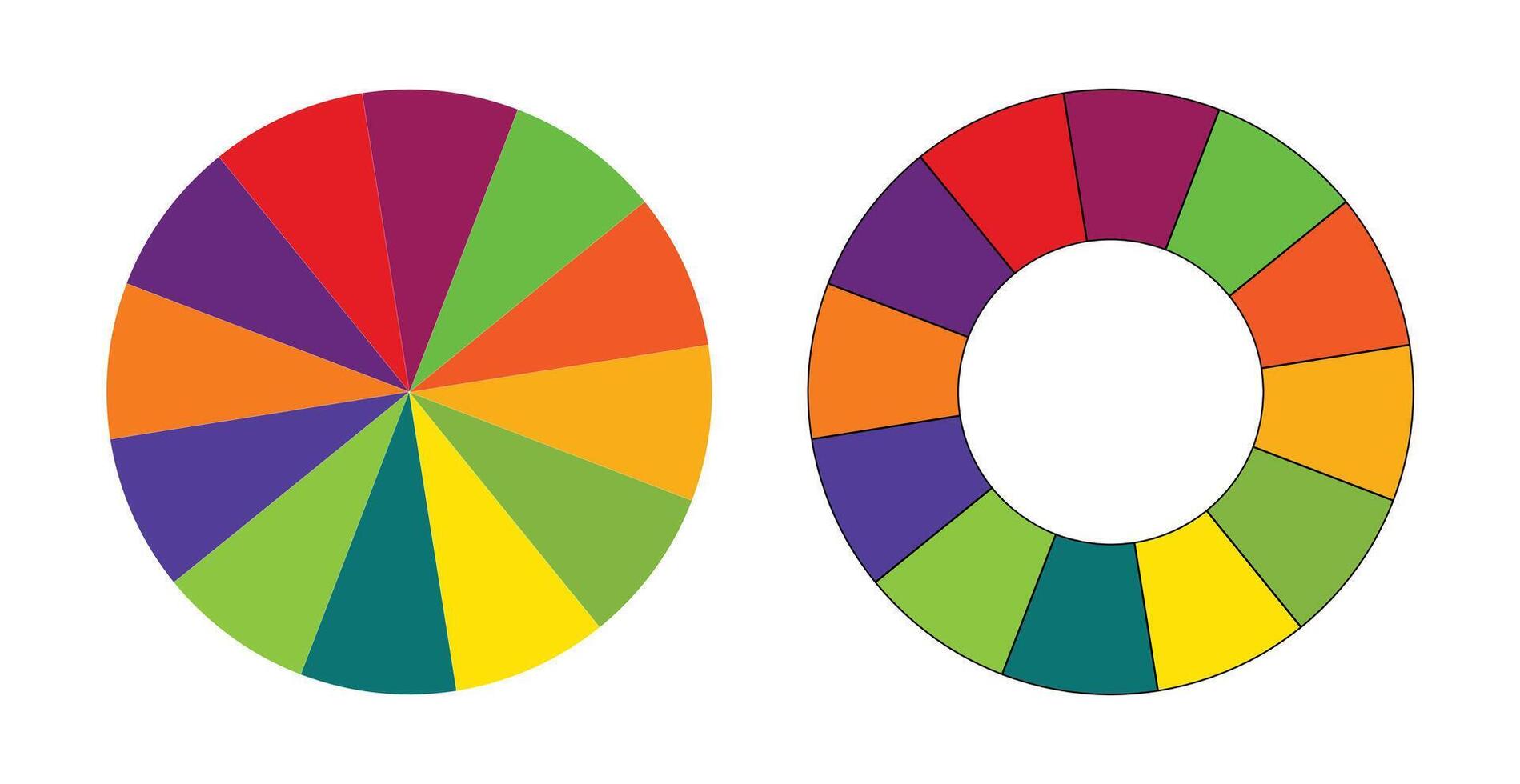 Colorful Spectrum of Pie Charts Illustrates a Vivid Color Palette. vector