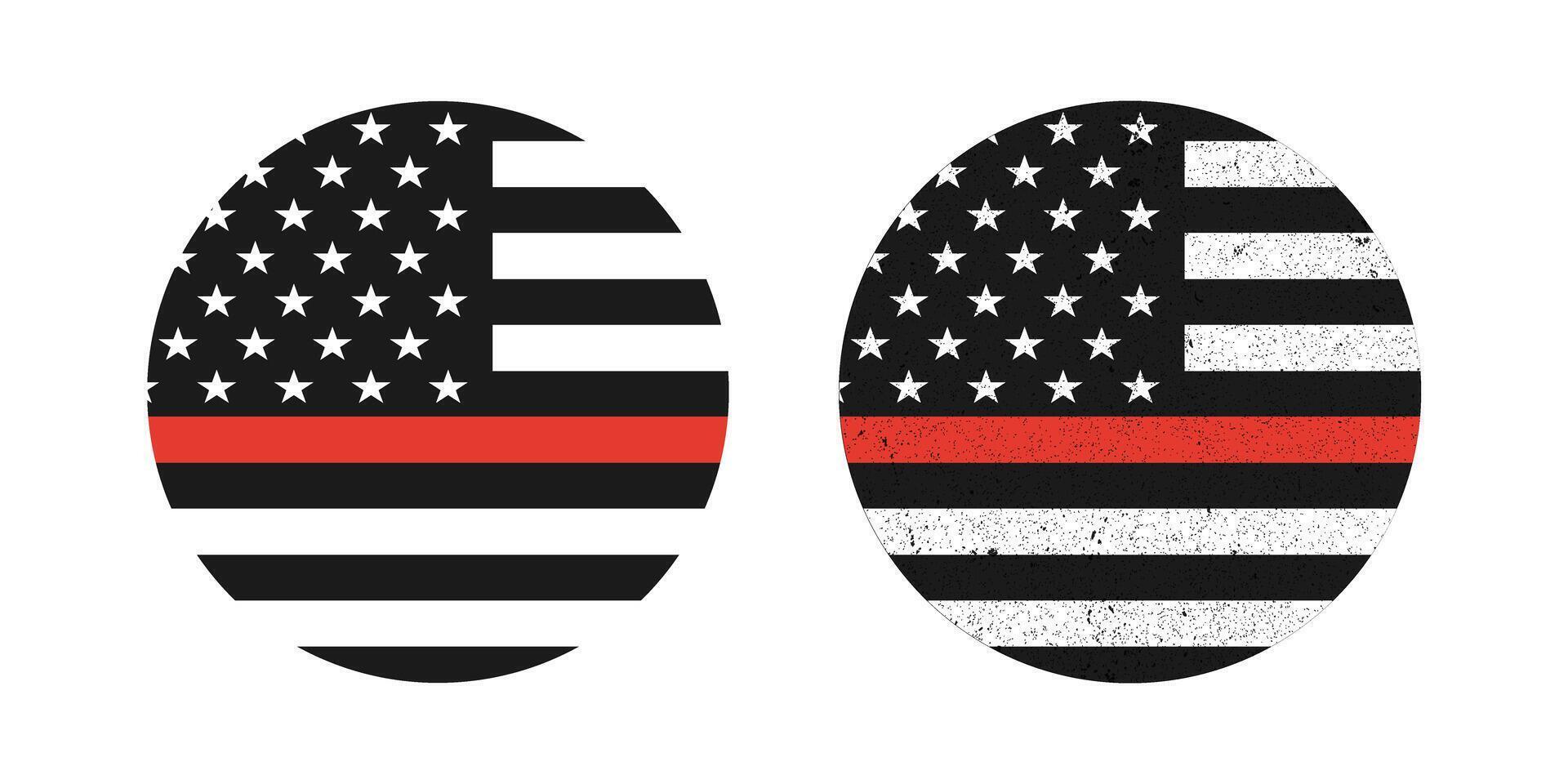 American red line firefighter round flag. Red line fire honor and respect law United States enforcement flag. vector