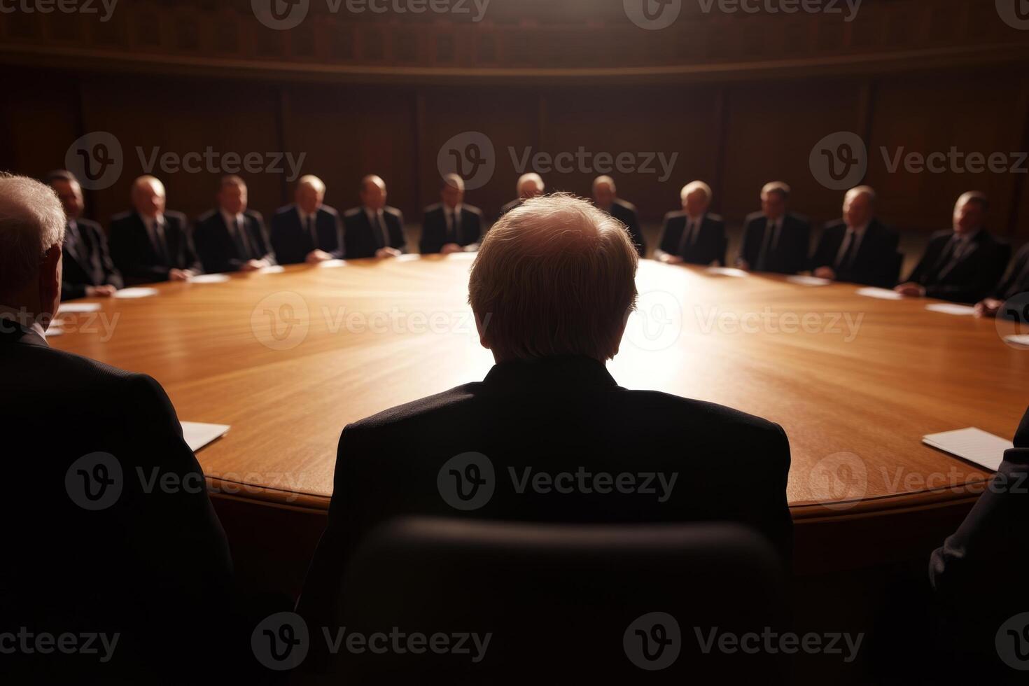 Gathering of leaders at a round table discussing key issues in a dimly lit room during a formal meeting photo