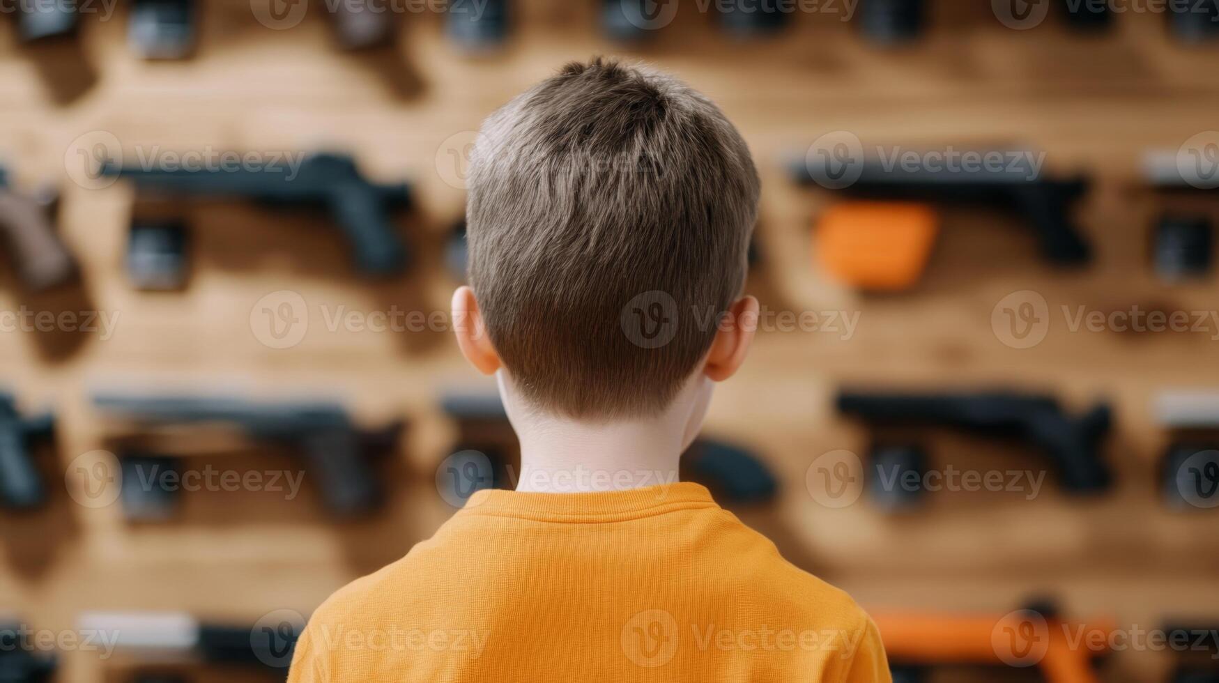 Young child observes gun display in a store while contemplating safety and responsibility photo