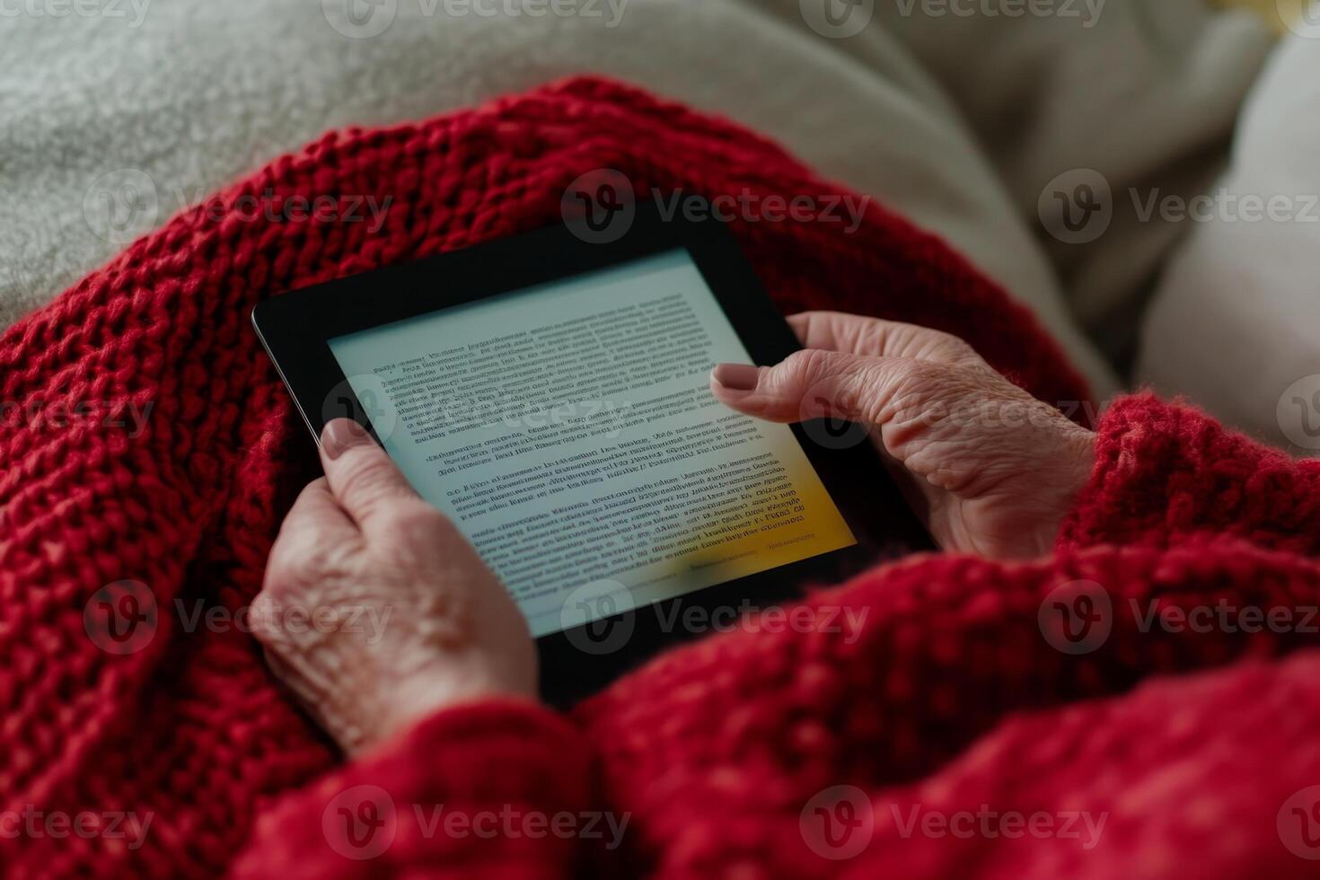 Elderly person reading on an e-reader while wrapped in a cozy red blanket indoors during a quiet afternoon photo