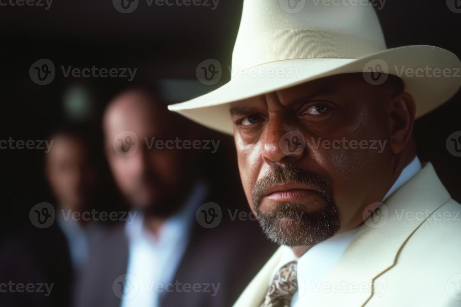 Intense moment of a man in a white suit and hat at a tense gathering during a warm evening in a city photo