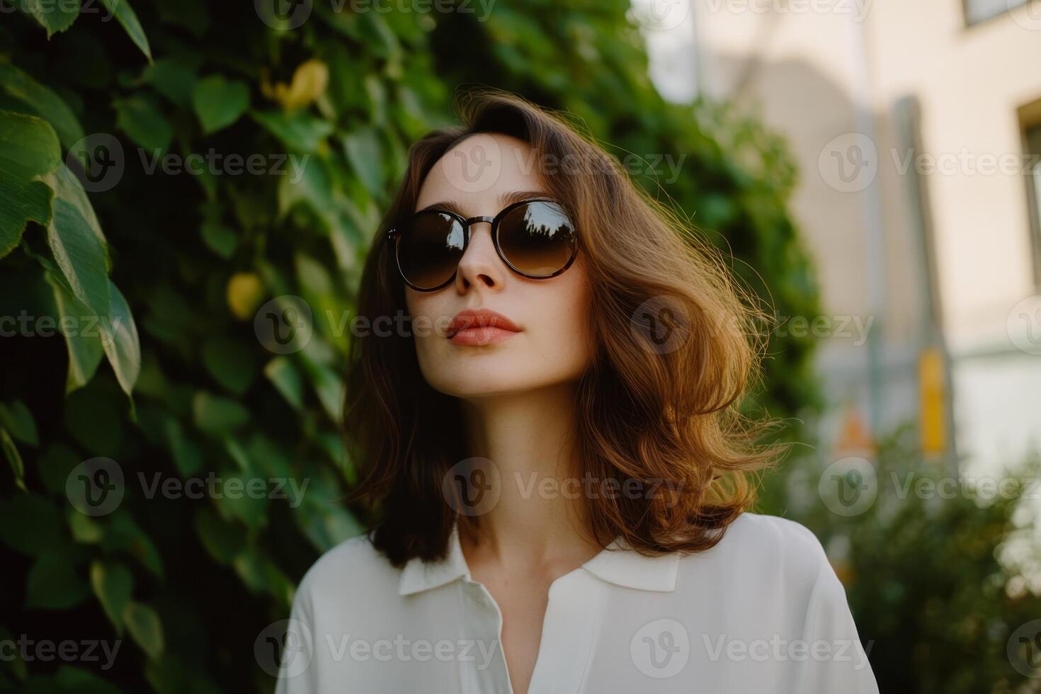 Woman in sunglasses enjoying a sunny moment in a lush green urban environment during the afternoon photo