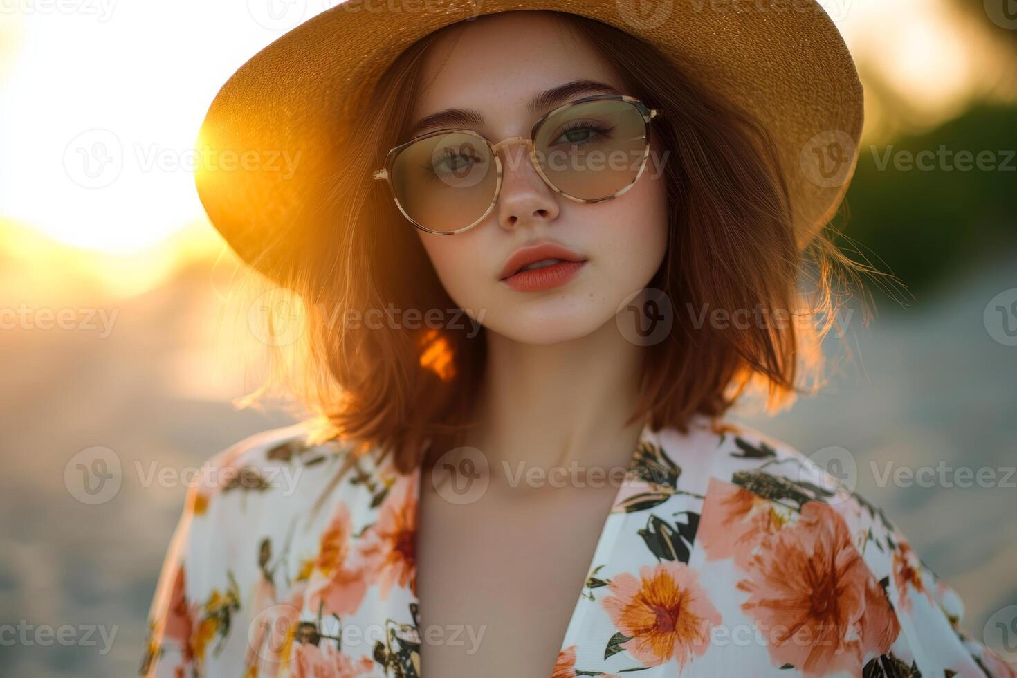 Beautiful young woman wearing sunglasses and a floral kimono enjoys a sunset on the beach in summer photo