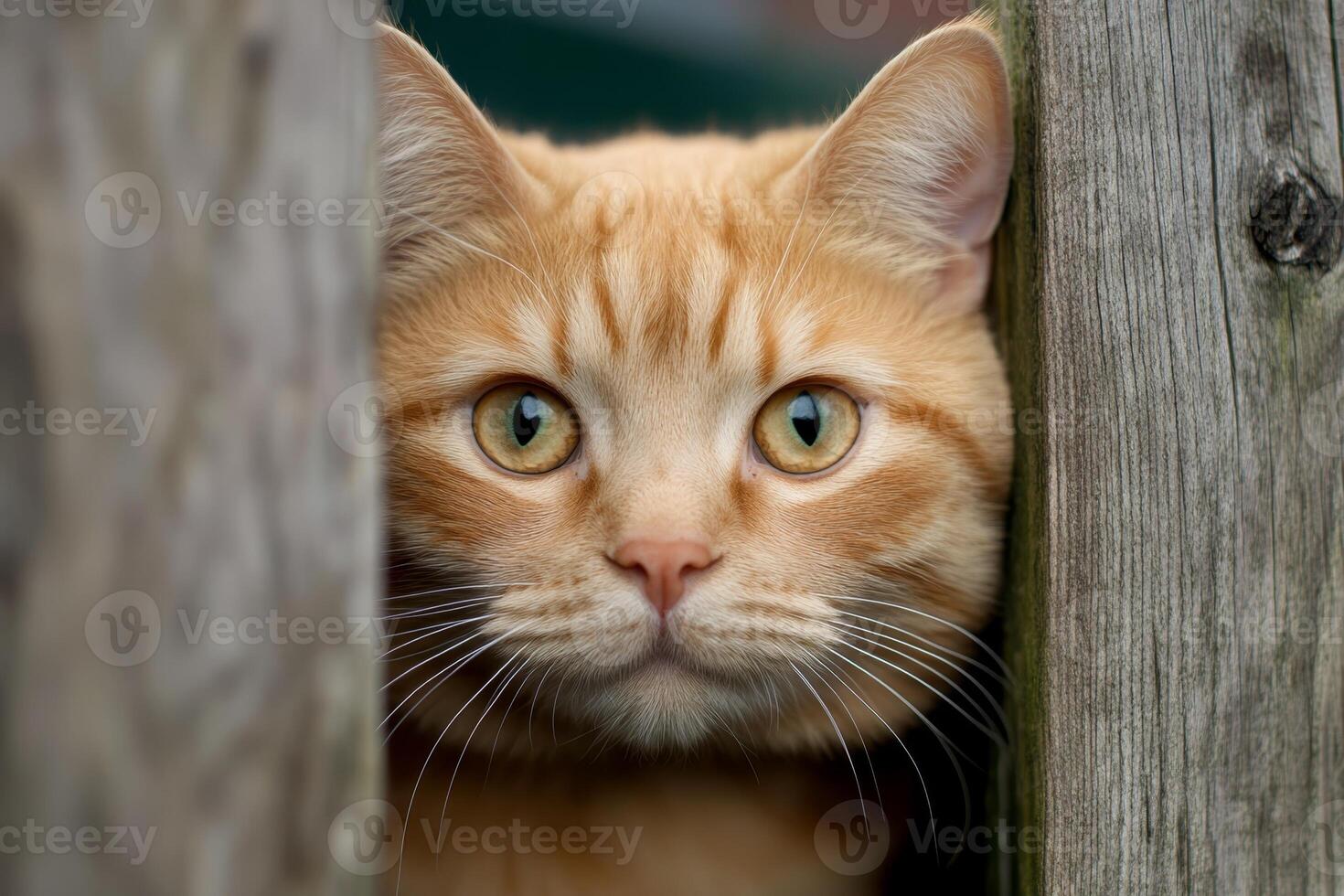 Orange tabby cat peers through wooden fence with curious expression on a sunny day photo
