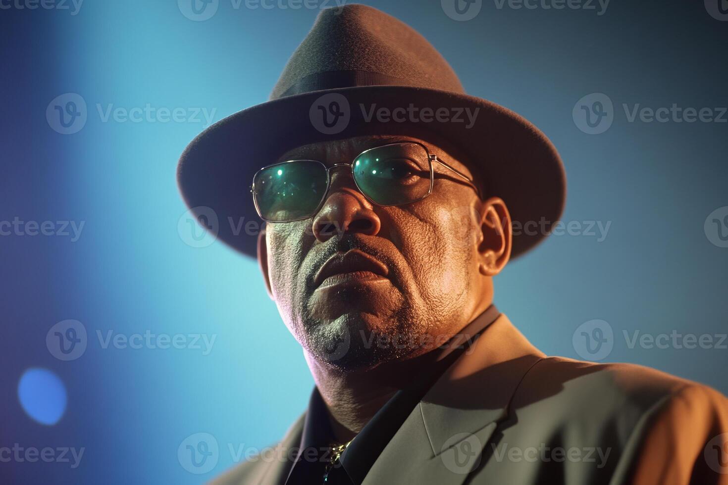 Performer in a dramatic pose under stage lights during a live music event in an urban setting at night photo