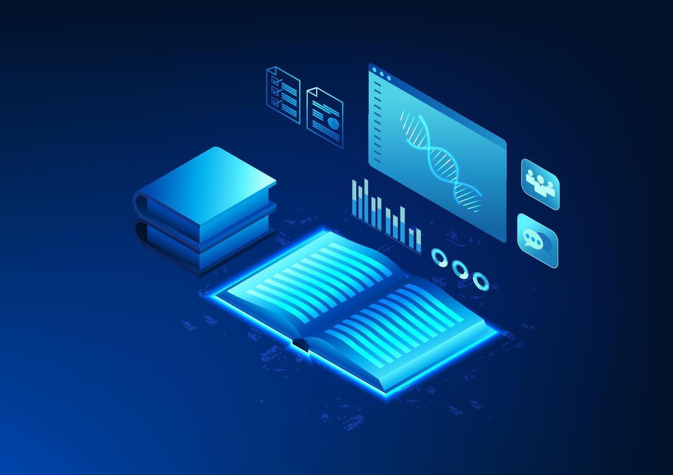 Education Technology An open book with a window into teaching and learning, conveying the use of technology through digital media and online platforms, through networks and the Internet. vector