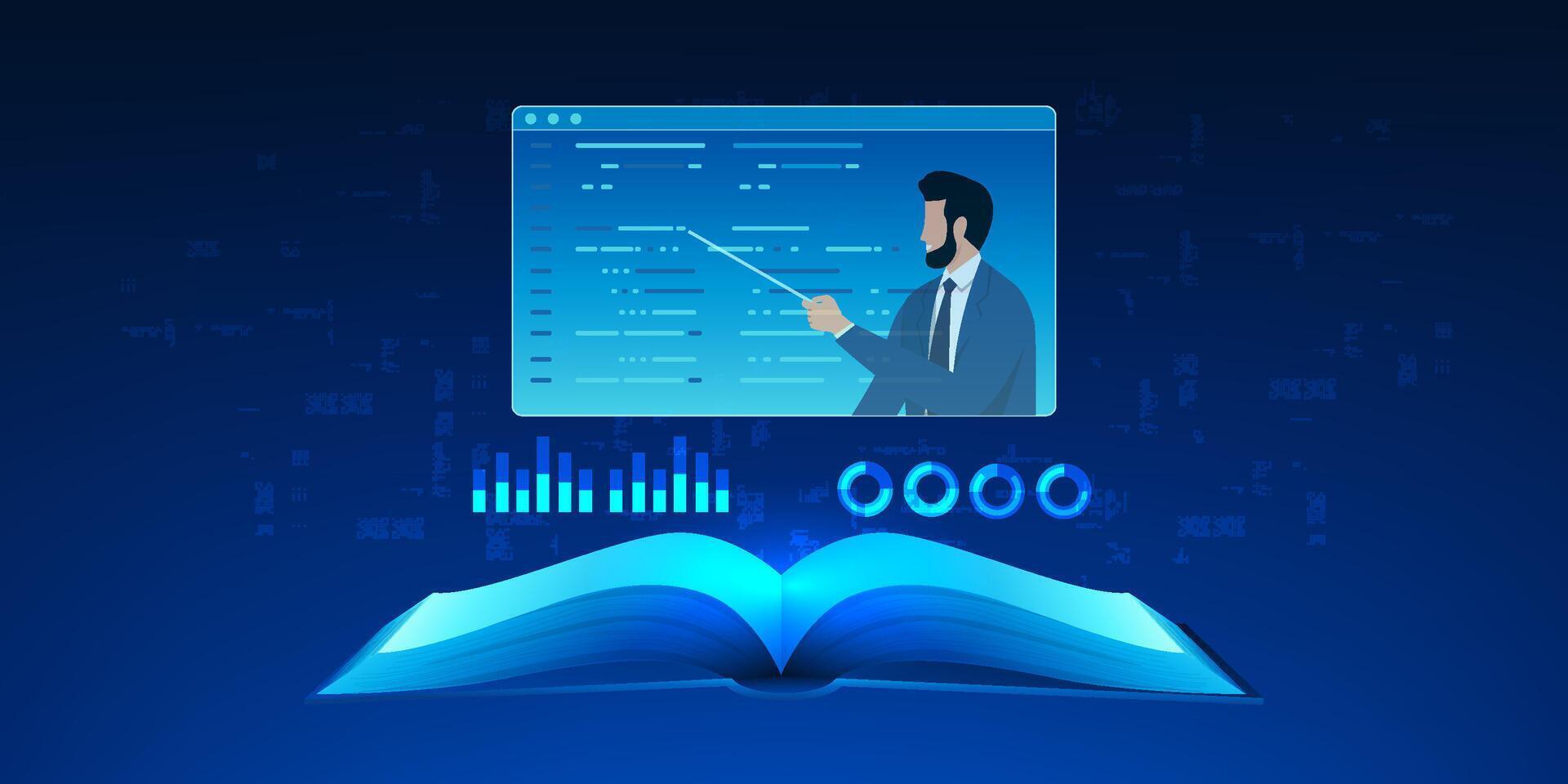 Education Technology An open book with a window showing a person teaching, reflecting the use of technology through digital media and online platforms, via networks and the Internet. vector