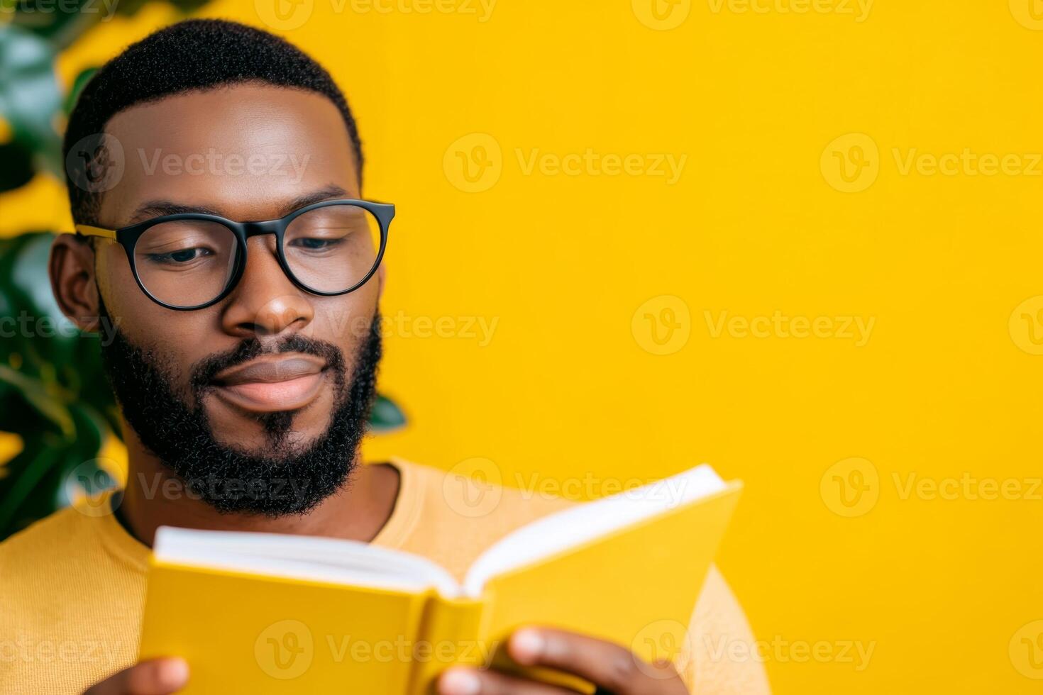 Man reading a yellow book against a bright yellow background in a cozy indoor setting photo