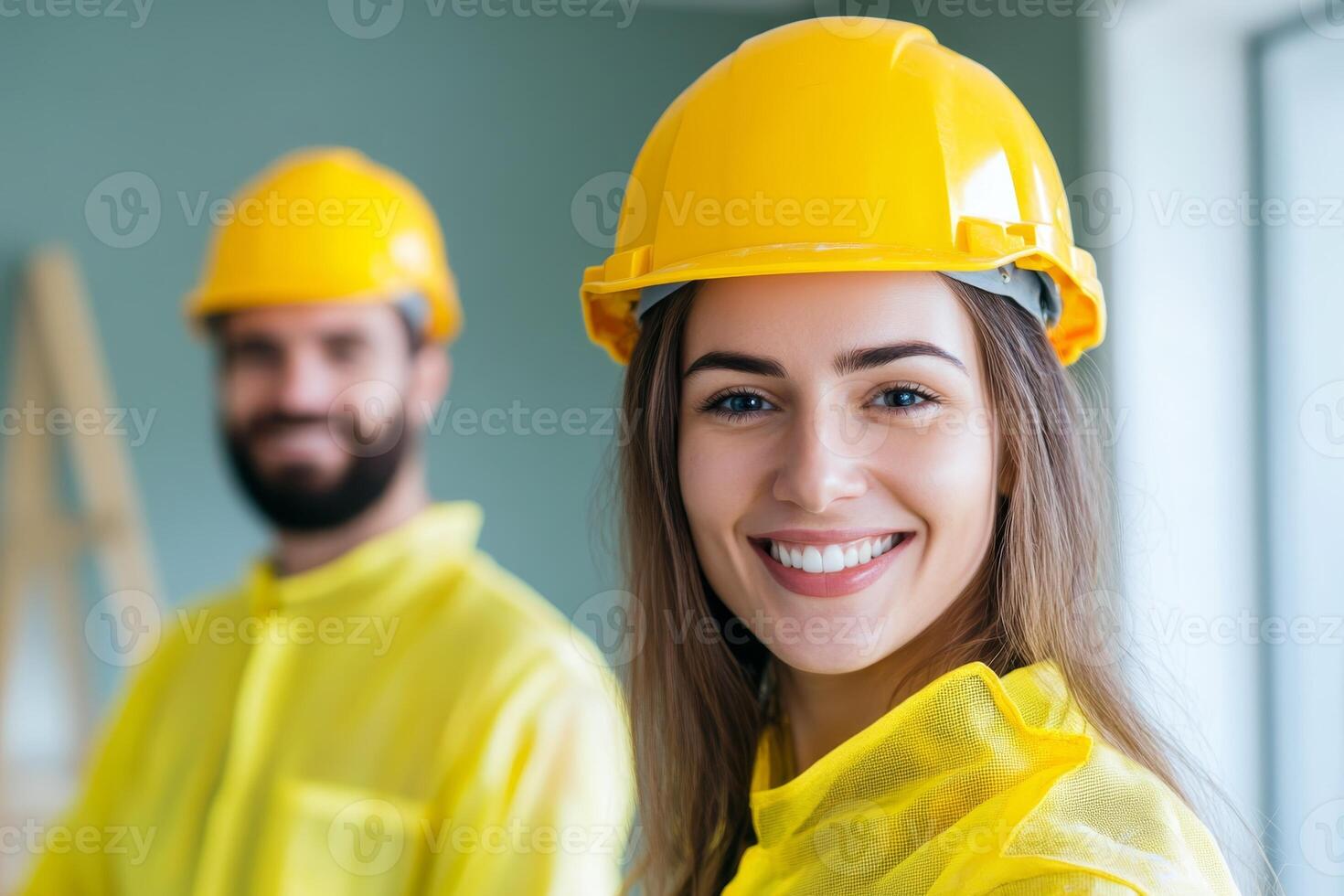 Two construction workers are wearing yellow hard hats and reflective gear while working inside a newly renovated building. photo