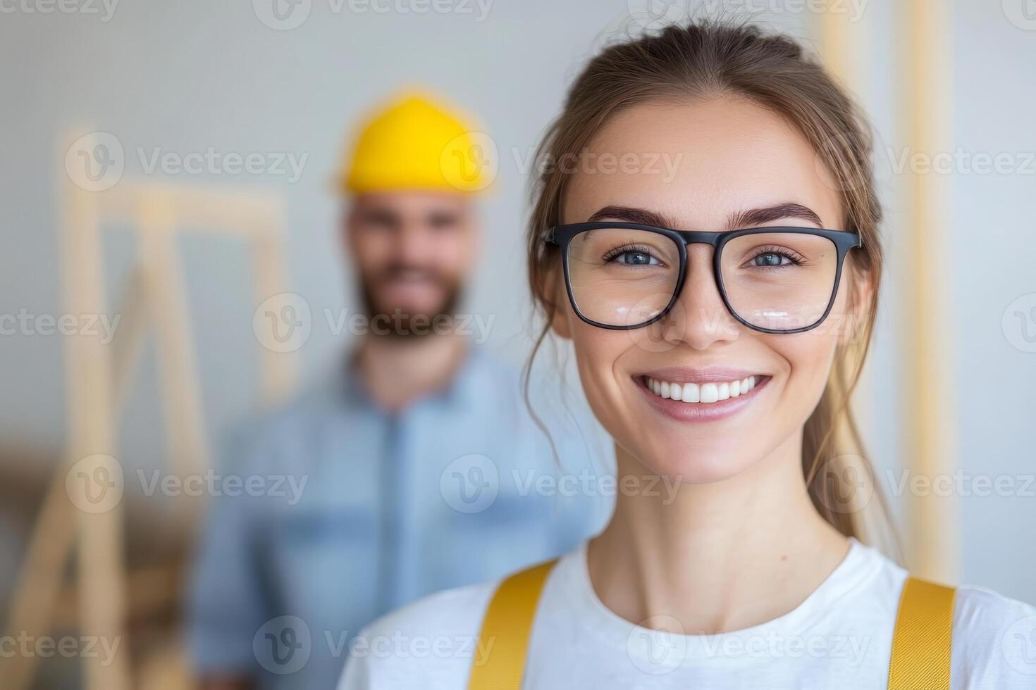 Young woman smiles confidently while working on construction site with male colleague in the background, both enjoying their tasks photo