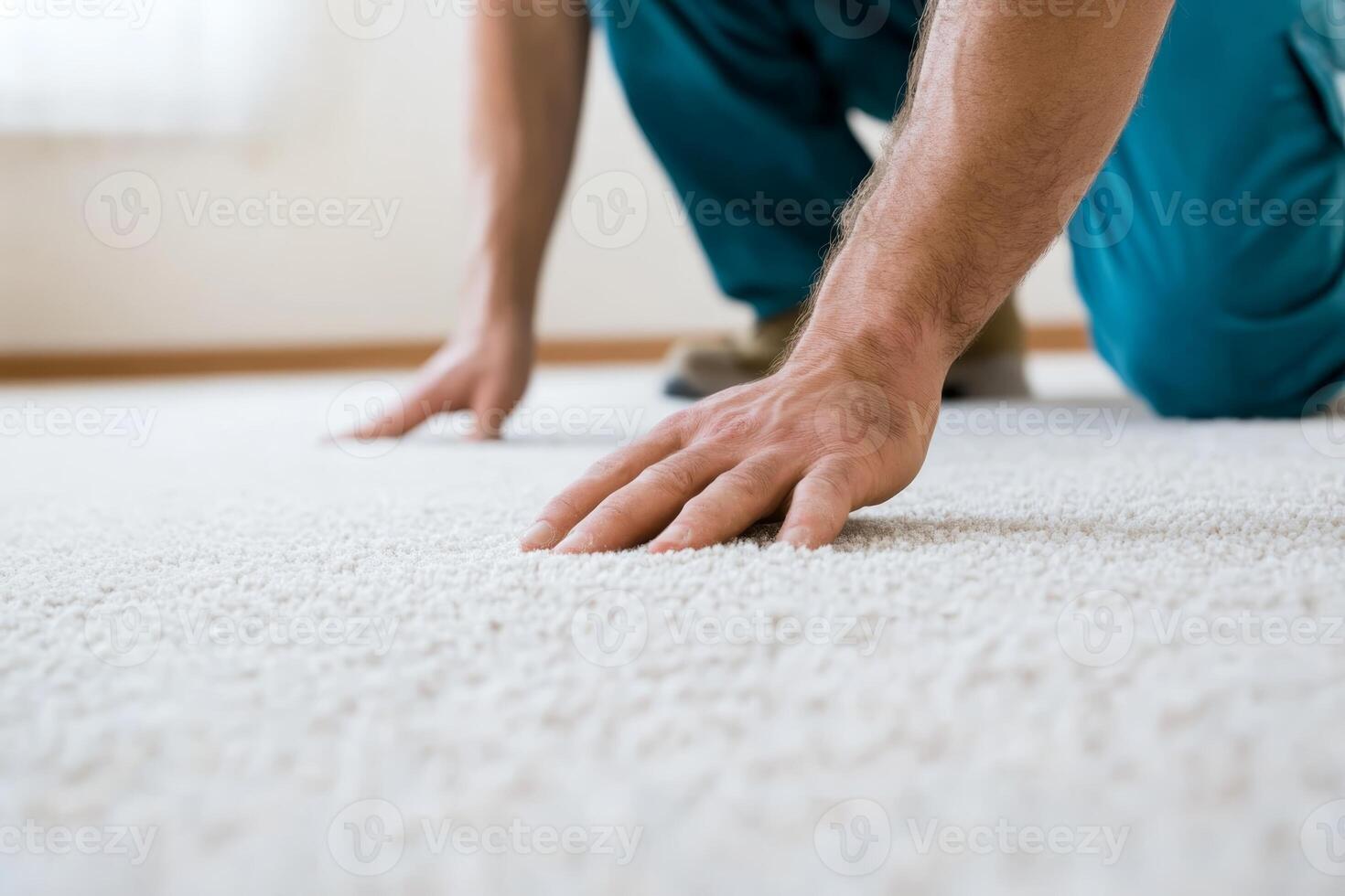 Professional carpet installer measuring and analyzing plush carpet for a perfect fit in a modern living room photo