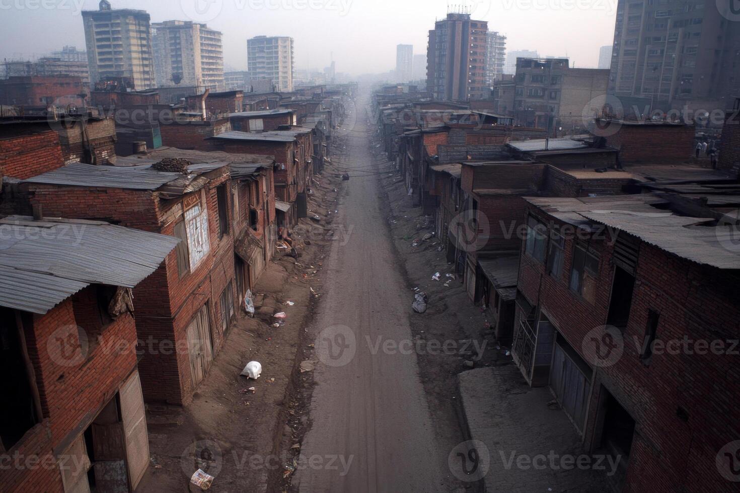 Urban poverty depicted in a dilapidated neighborhood with empty streets and crumbling buildings during early morning photo