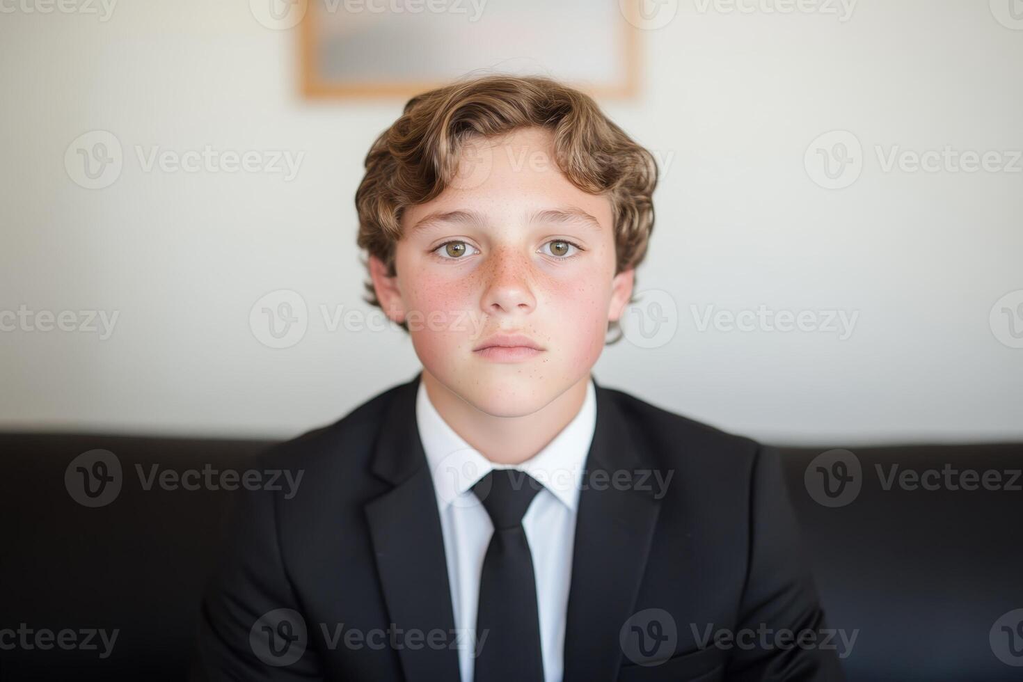 Young boy in formal suit sitting on a couch with a serious expression in a well-lit room photo