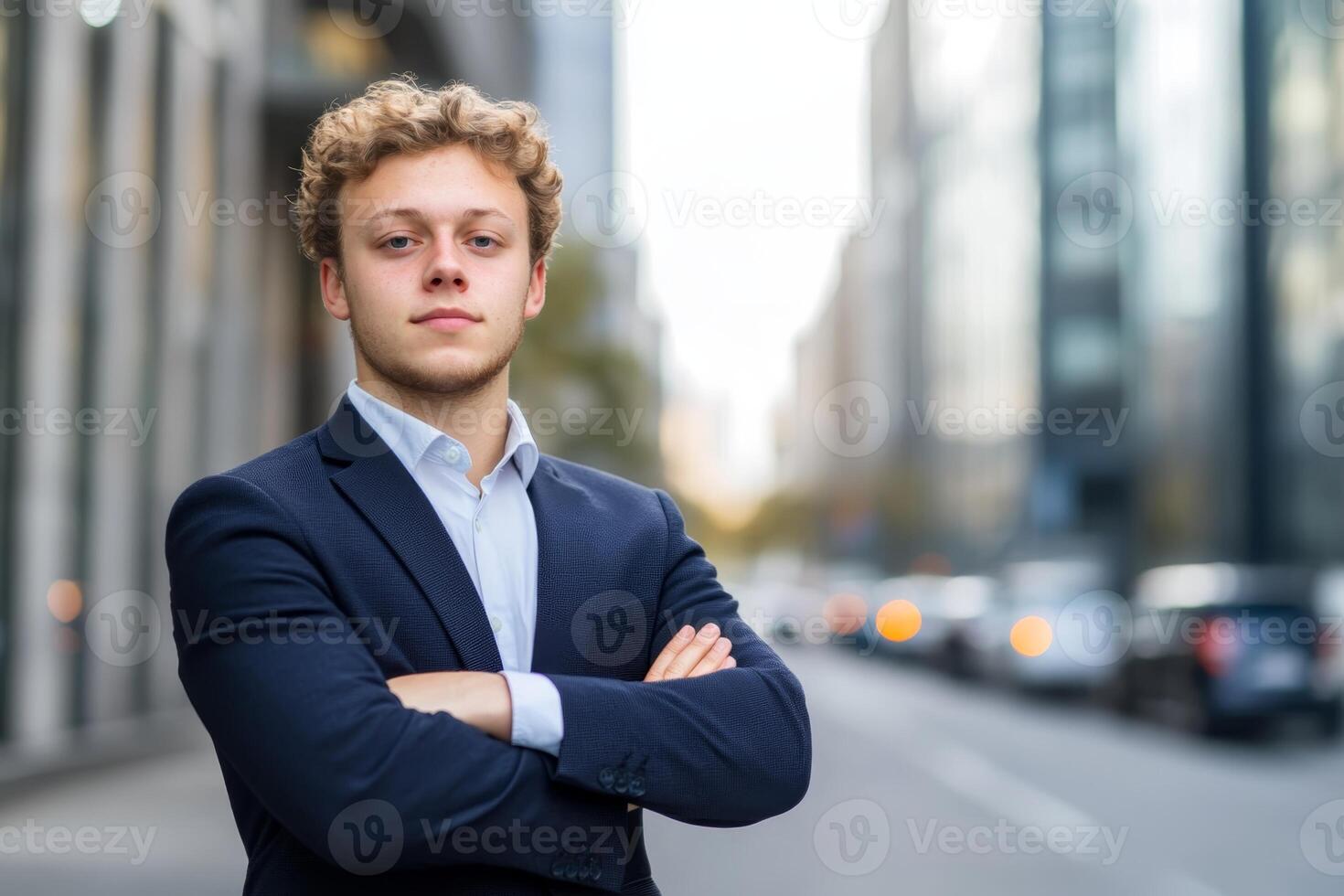 Young professional stands confidently on city street, showcasing modern architecture and urban life during daytime photo