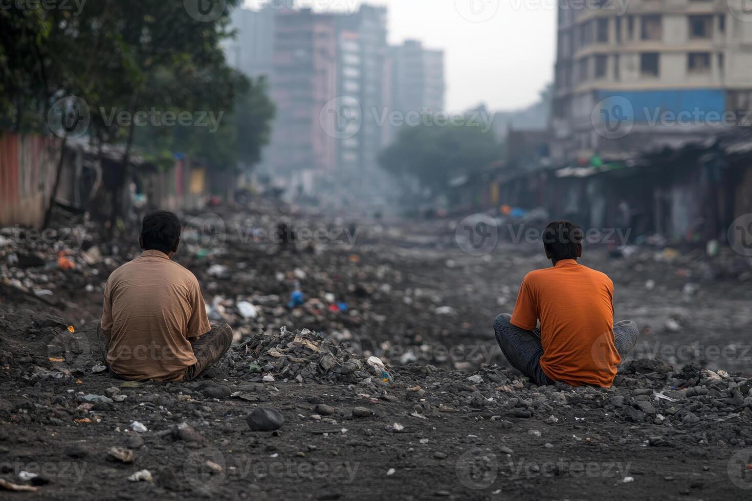 Men sitting in a polluted urban environment reflecting on their surroundings in the early morning light photo