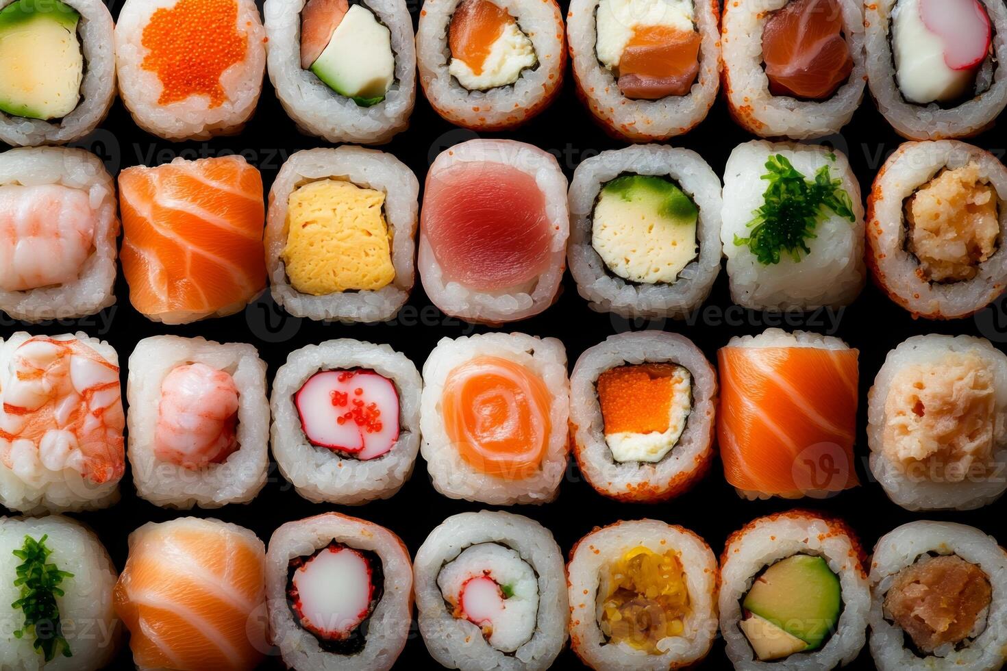 Colorful assortment of sushi rolls displayed beautifully on a black surface in a Japanese restaurant setting photo