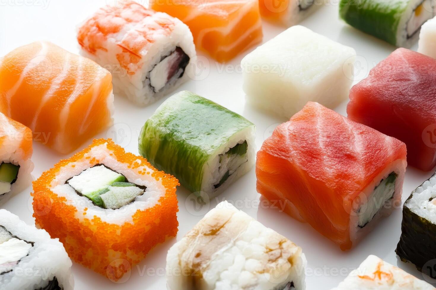 Colorful variety of sushi rolls arranged neatly on a white background showcasing different ingredients and styles photo