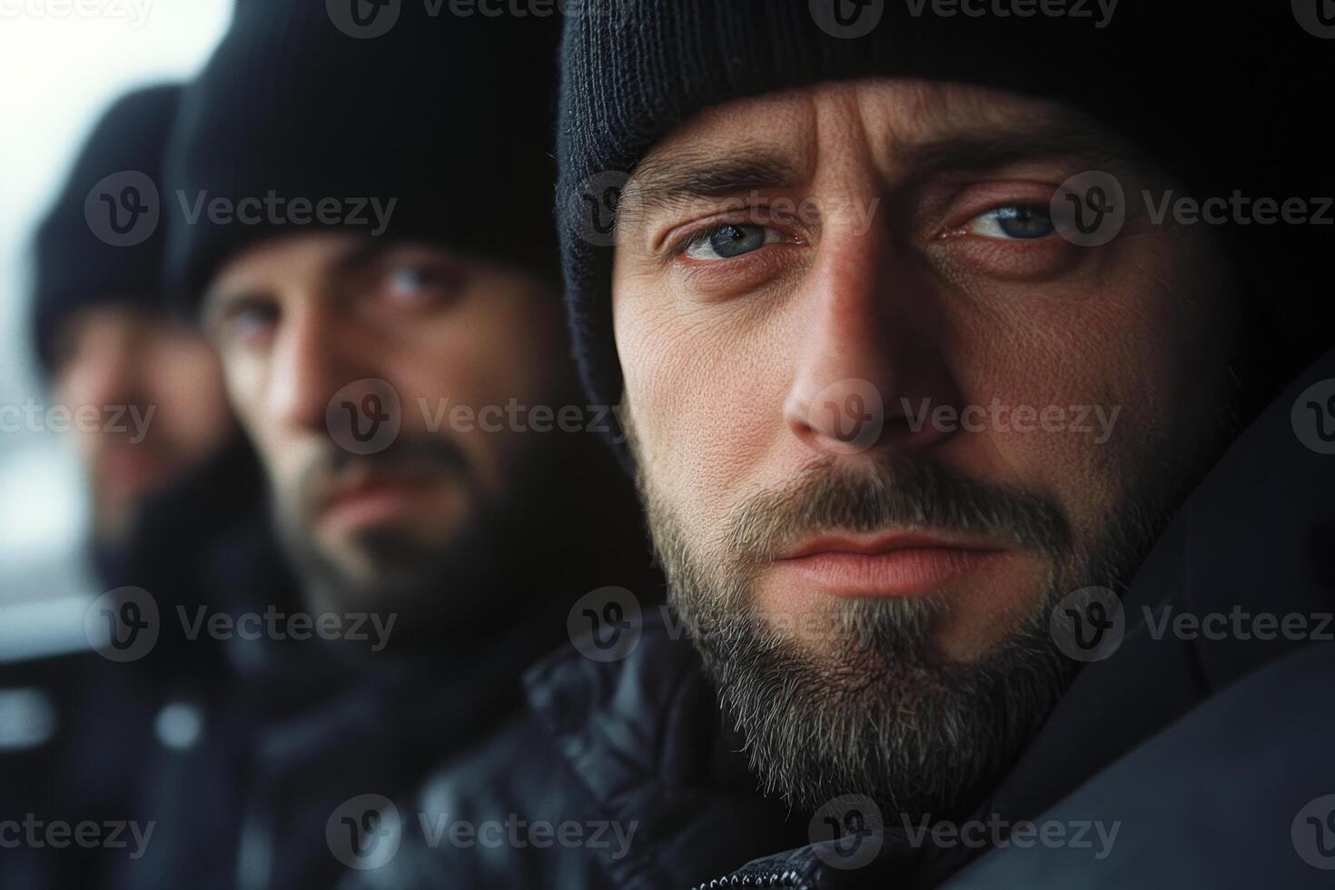 Group of men in dark clothing with serious expressions inside a vehicle during cold weather photo