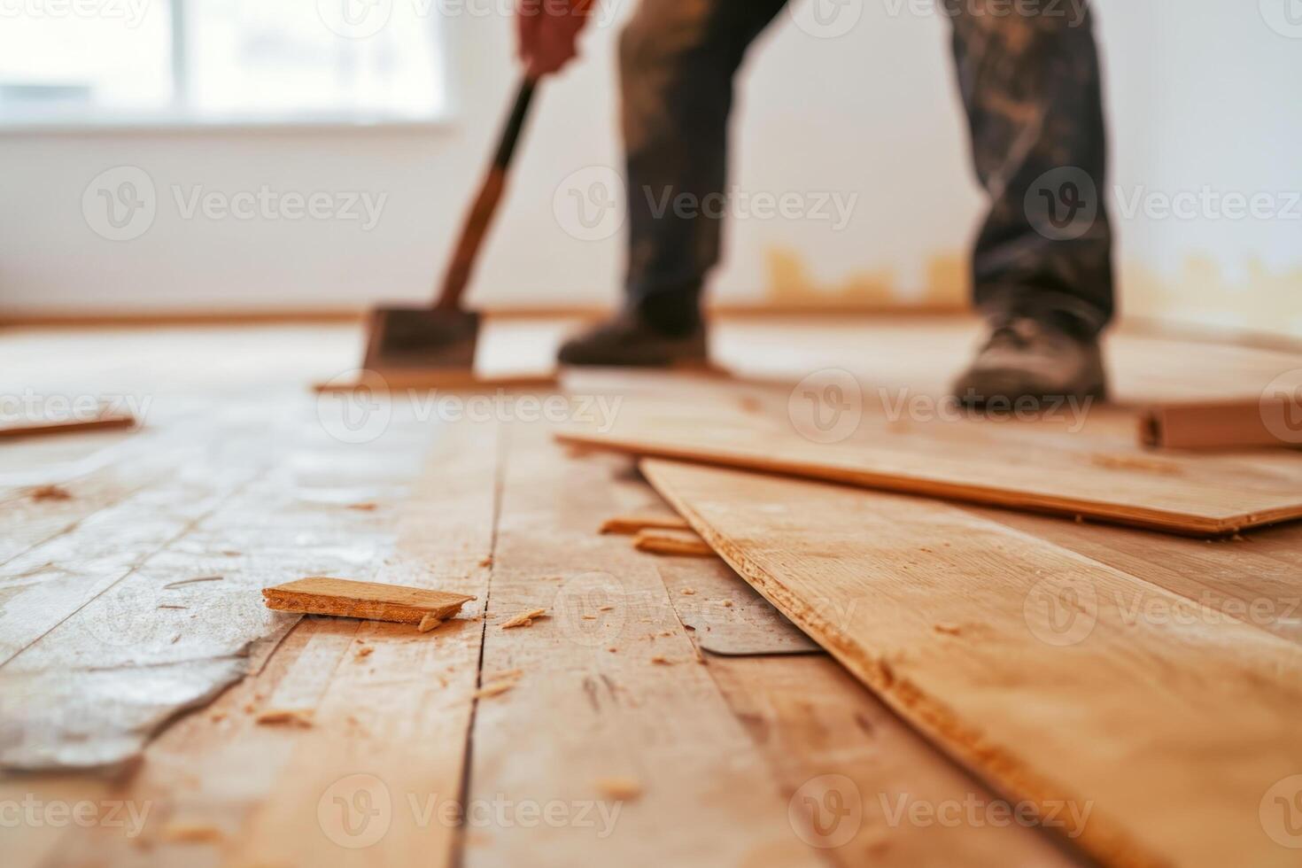 Worker installing wooden flooring in a home renovation project during daylight hours in a bright interior space photo