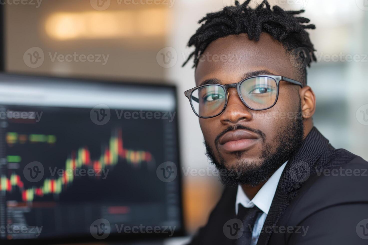 Professional man analyzing stock market trends with financial data on screen in modern office setting photo
