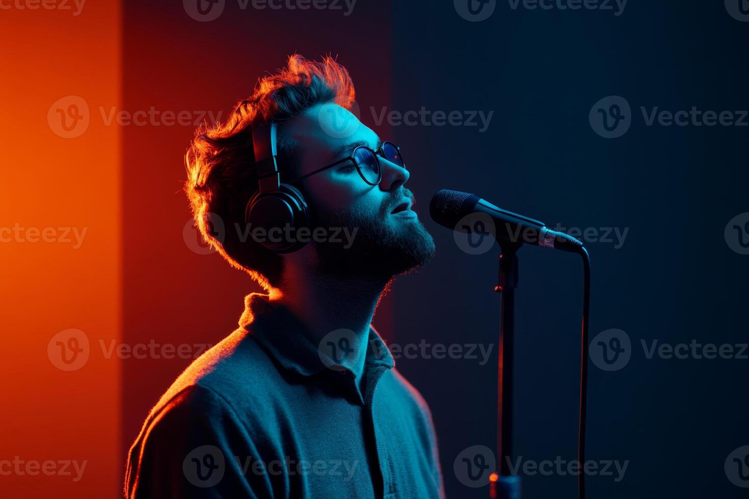 Musician performing under colorful lights in a studio setting during a recording session photo
