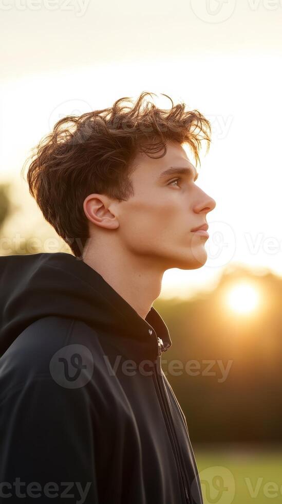 Youth in casual attire gazes towards the sunset in a serene outdoor setting during golden hour photo