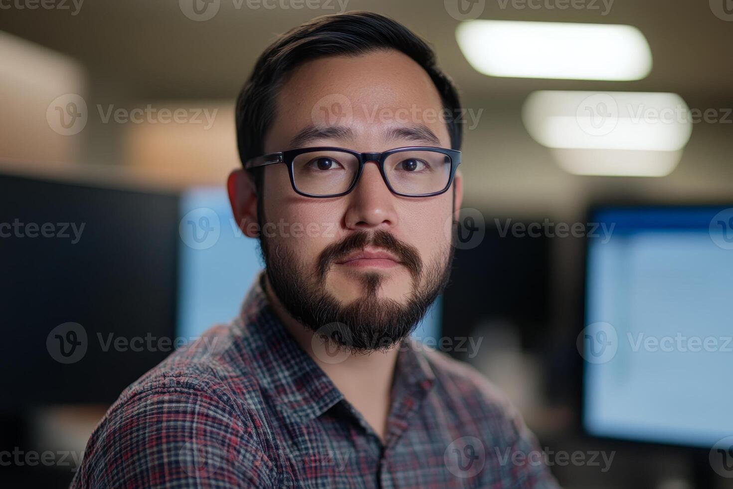 Professional man with glasses and beard focused at his workspace in a modern office setting during the day photo