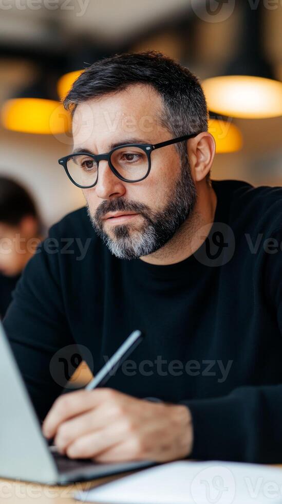 Focused man working on laptop in modern cafe while taking notes during midday hours photo