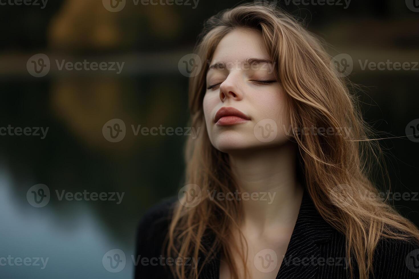 Young woman enjoys nature by a tranquil lake, capturing the essence of serenity in a peaceful moment photo