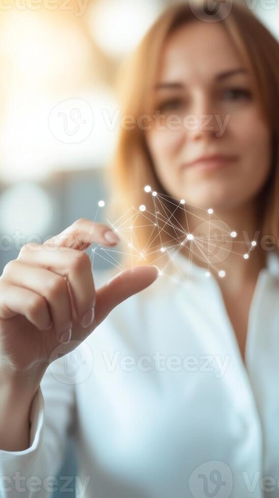Woman interacts with digital connections in an office setting during daylight hours photo