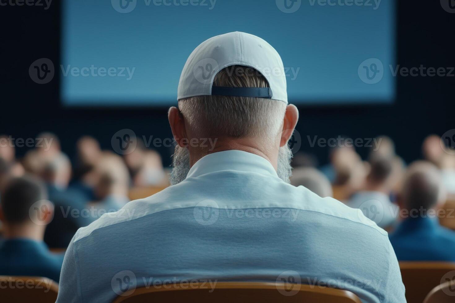 Individual wearing a cap attending a seminar in a conference hall with an audience present in the background photo