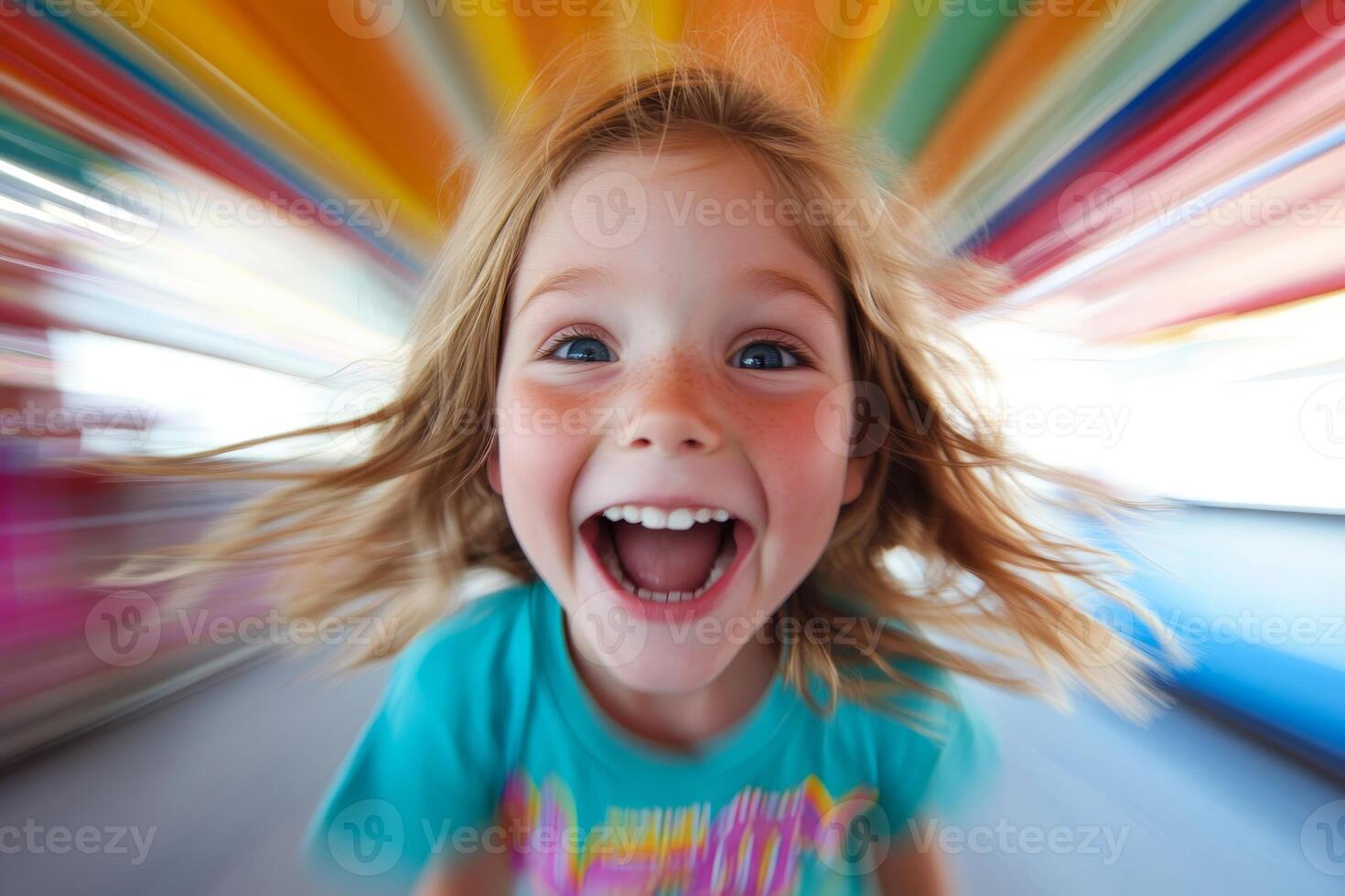 A young girl with flowing hair spins joyfully at a carnival, her laughter radiating as colorful stripes blur around her, capturing the essence of childhood delight photo