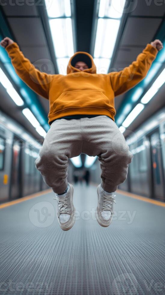 Young person in an orange hoodie jumps joyfully in a subway station during daytime photo