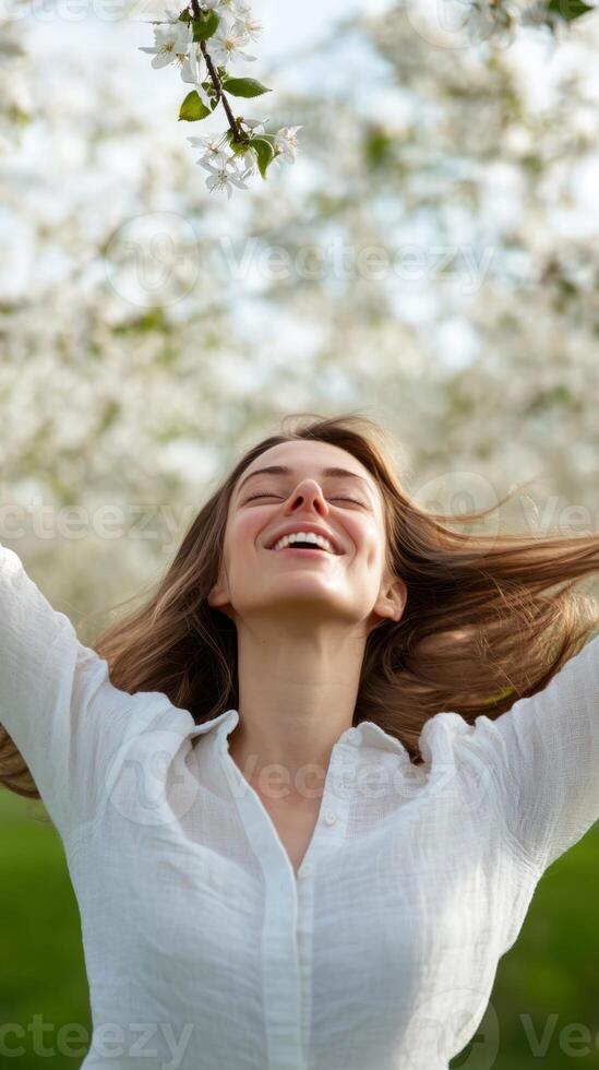 Joyful woman enjoying springtime in a blooming orchard with a bright smile and flowing hair photo