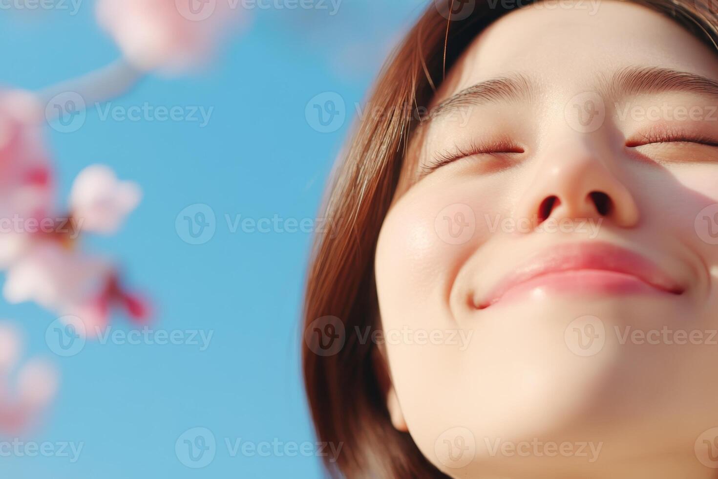 Woman enjoys warm sunlight while surrounded by cherry blossoms in a serene outdoor setting on a bright spring day photo
