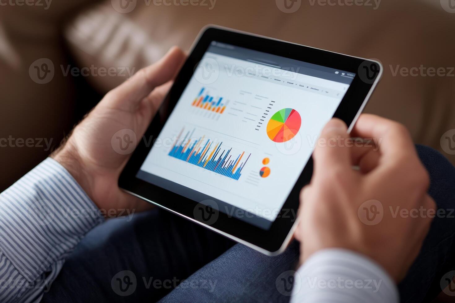Business professional analyzes detailed data on tablet while seated on a couch in a modern office setting photo