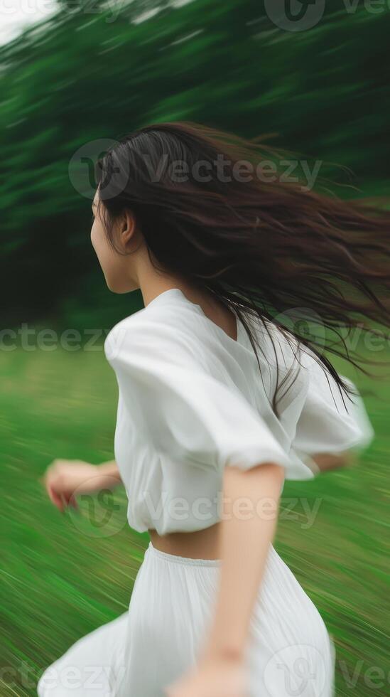 Young woman running through a green meadow with flowing hair on a sunny day in a natural setting photo