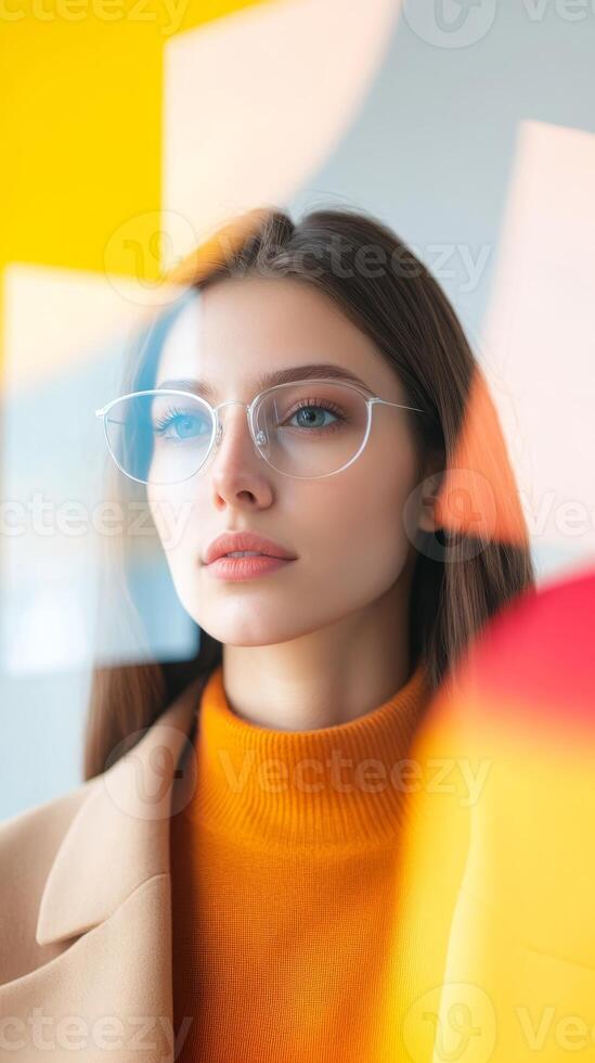Stylish woman with glasses posing against a colorful background in a modern setting photo