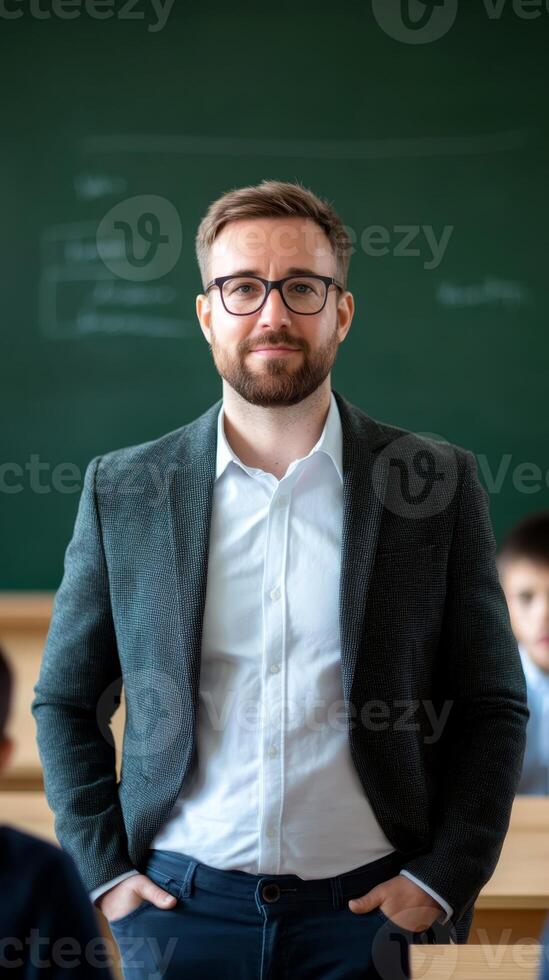 Confident teacher engaging students in a classroom setting during a learning session photo