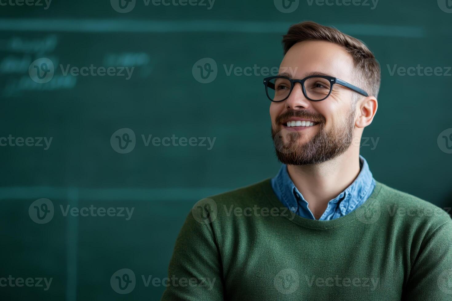 A male instructor with glasses and a beard shares an engaging moment in front of a chalkboard. photo